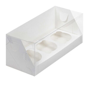 Коробка на 3 капкейка с пластиковой крышкой 240*100*100 мм, белая