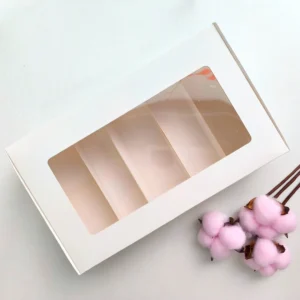 Коробка для 5 эклеров с ложементами, 15 х 25 х 7, с окном, белая